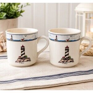 Home Trends Lighthouse Coffee Mugs Set of 2 Coastal Nautical Beach House